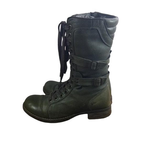 Dark green leather mid calf steampunk combat boots - Picture 1 of 15